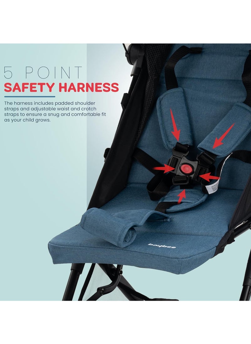 BAYBEE - Foldable Cabin Baby Stroller Pram for Baby with Metal Frame, 3-Position Adjustable Seat & Canopy, Bassinet, Parent Handle, 5 Point Safety Belt, Stroller for Kids Toddler 0 to 3 Years Boy Girl Blue - Image 1