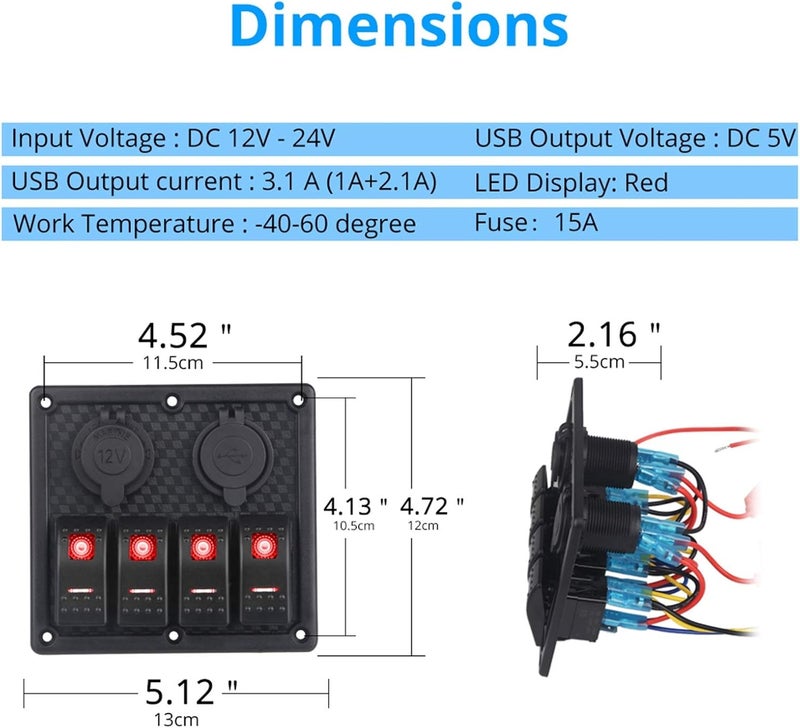 Wivplex 4 Gang Rocker Switch Panel with USB Charger - Image 2