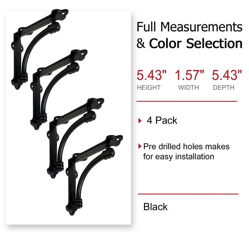 NACH Decorative Shelf Brackets, 4 Pack of 5.5 x 1.2 x 5.5 inch Black Cast Iron Shelf Brackets - Decorative Brackets for Mounting - Half Round Style Brackets - Image 2