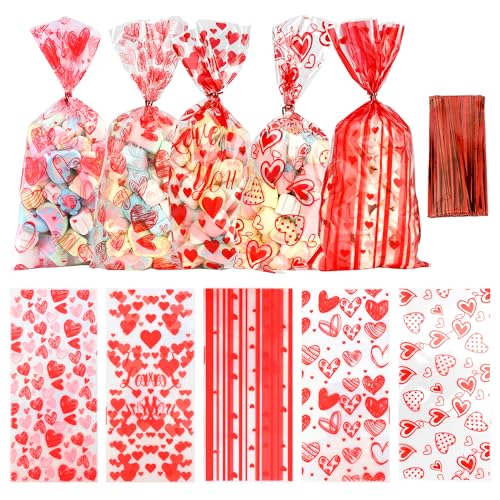 BOEIAC Valentine Treat Bags 100 Pcs Valentines Cellophane Bags Plastic Clear Red Valentine Candy Cookie Gift Goodie Snack Bag with 100 Pcs Twist Ties for Valentines Wedding Party Favor Supplies 5 Styles - Image 2