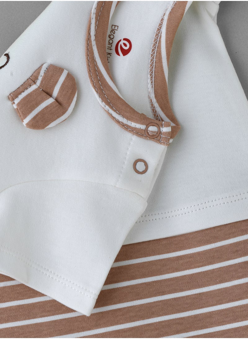 Elegant Kids - Boys' Bear Face Striped Cotton Romper with 3D Ears - Image 1