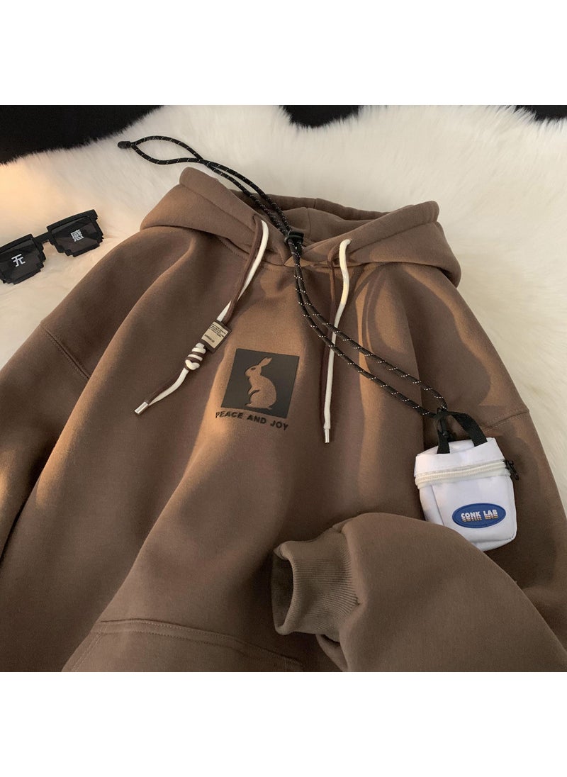 Generic - Mens Fleece-Lined Hoodie Vintage Casual Pullover Brown - Image 1