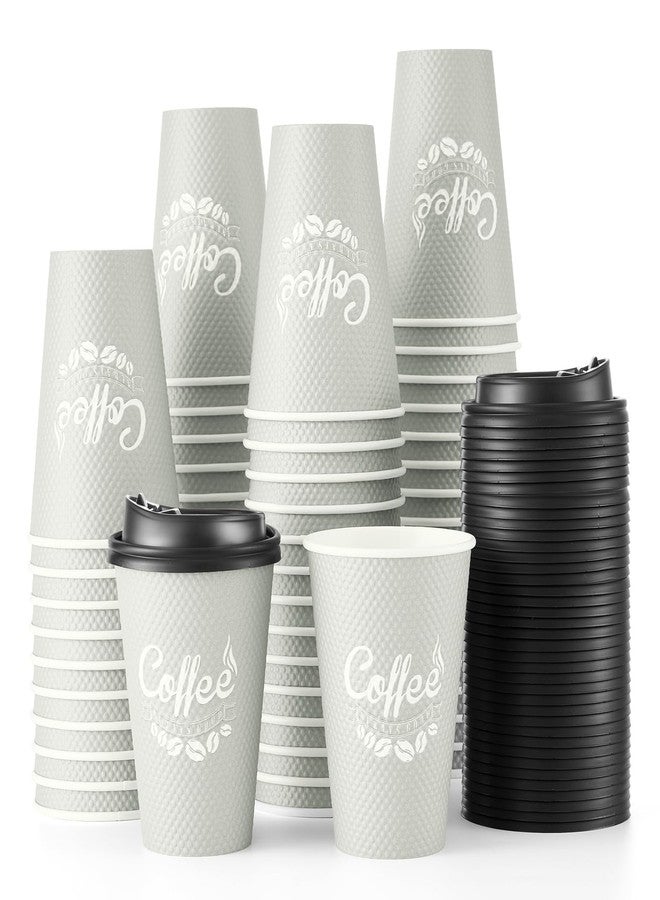 Tamone 100 Pack 12 oz Disposable Coffee Cups with Lids, Insulated Ripple Double-Walled Paper Coffee Cups for Hot Beverages, Cold/Hot Drinking To Go Coffee Cups with Lids for Parties and Travel (Grey) - Image 1