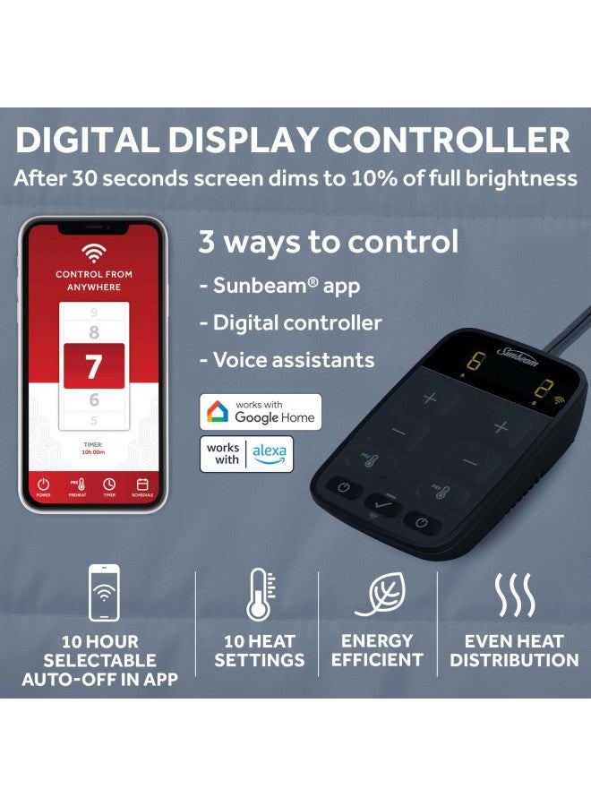 Sunbeam وسادة مرتبة متصلة بالواي فاي من صن بيام، بطانية كهربائية، 10 إعدادات حرارة، حجم كينغ، أبيض - Image 2