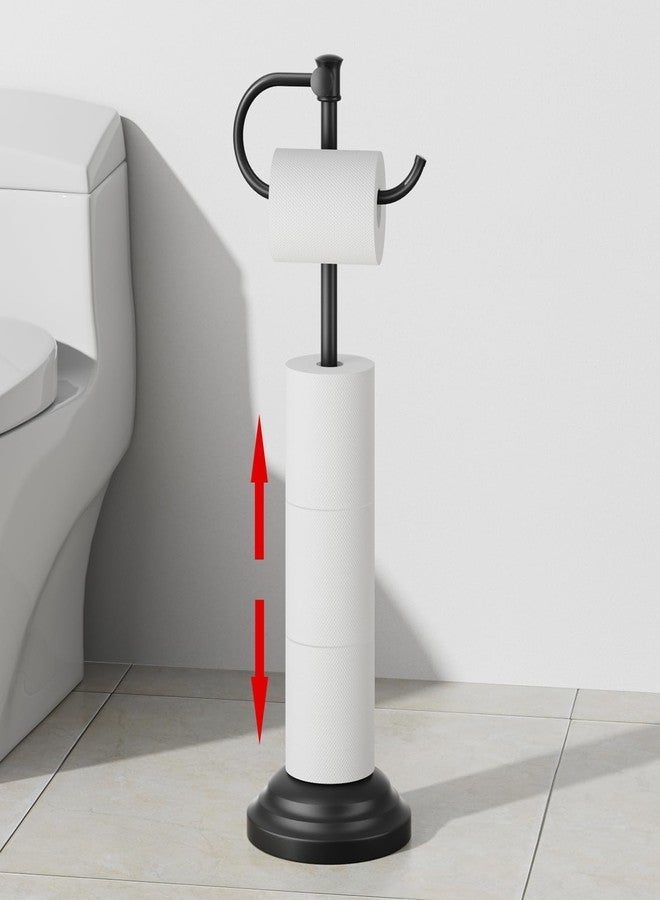 RUMOSE Toilet Paper Holder Stand for Floor, Matte Black Bathroom Free Standing Toilet Tissue Roll Holder with Storage, Adjustable 17-25 Inch, SUS304 Stainless Steel - Image 1