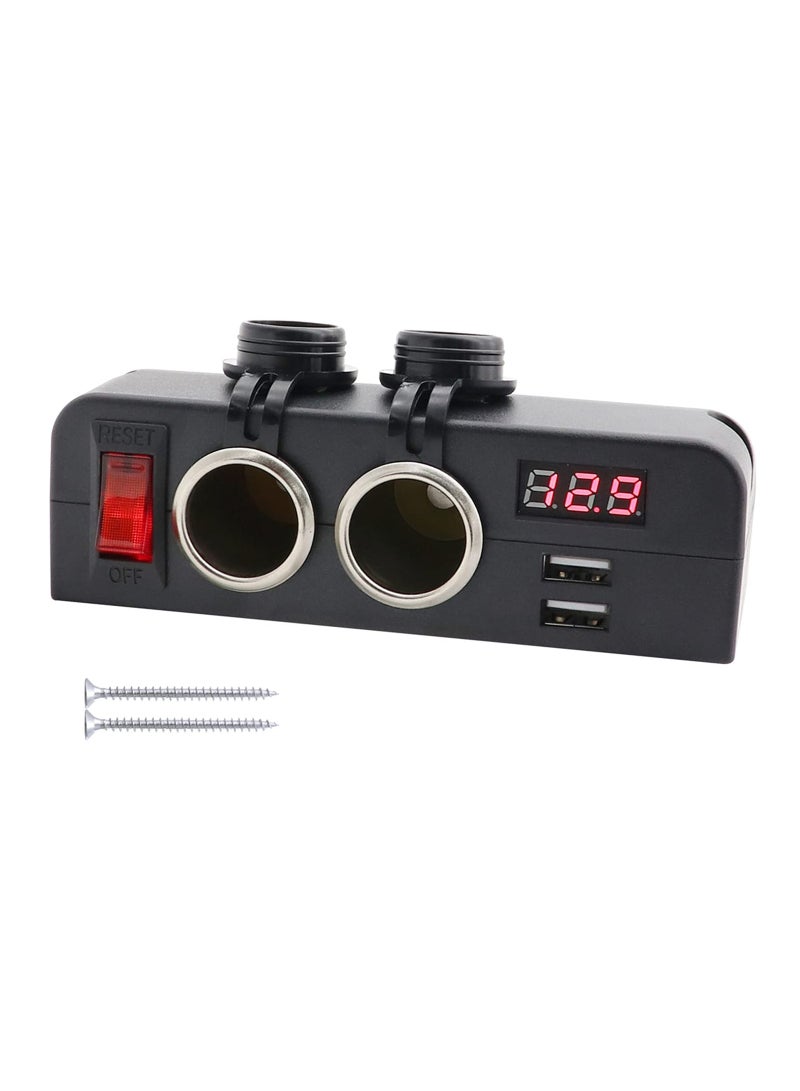 Dual USB Charger and Dual 12V Power Outlet Cigarette Lighter Splitter Adapter with LED Voltmeter and On/Off Switches for Cars, RVs, Trucks, Marine, Boats, and Campers. - Image 1