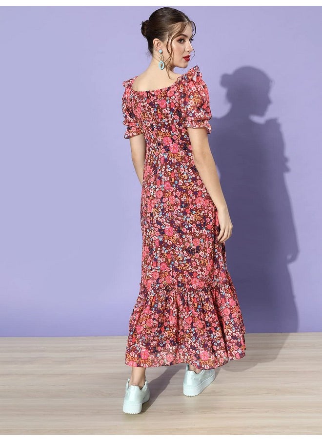 Miss Chase - Miss Chase Women's Multicolored-Base-Wine V-Neck Puff Sleeve Floral Ruching Ankle-Length Dress (MCAW21D06-35-252-02, Multicolored, XS) - Image 1