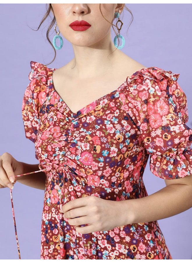 Miss Chase - Miss Chase Women's Multicolored-Base-Wine V-Neck Puff Sleeve Floral Ruching Ankle-Length Dress (MCAW21D06-35-252-02, Multicolored, XS) - Image 1