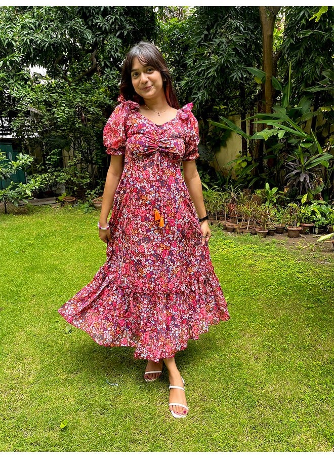 Miss Chase - Miss Chase Women's Multicolored-Base-Wine V-Neck Puff Sleeve Floral Ruching Ankle-Length Dress (MCAW21D06-35-252-02, Multicolored, XS) - Image 1