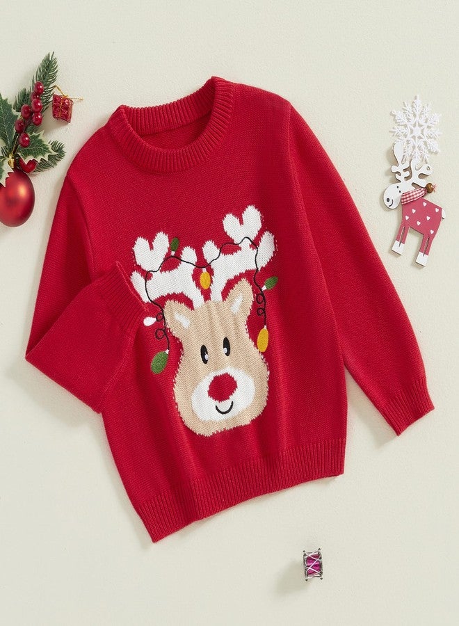 Frietlebird Toddler Boy Girl Knit Sweater Christmas Outfit Ugly Christmas Sweater Deer Print Crewneck Sweatshirt Warm Winter Clothes (A-Red Lamp Deer,3-4T) - Image 2