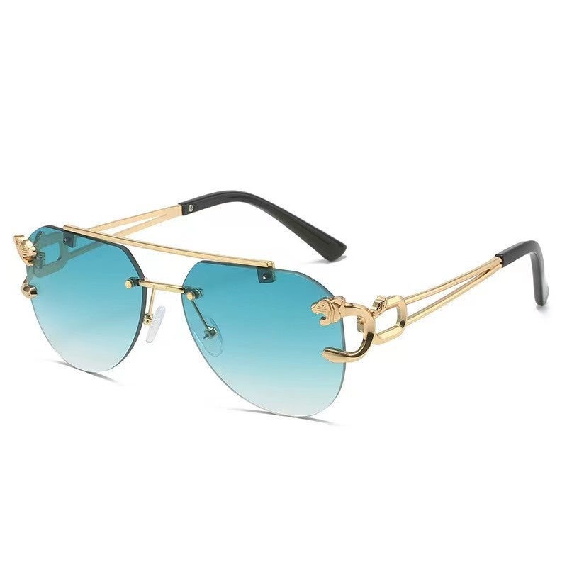 2023 new frameless leopard head sunglasses women and men double beam personality cut edge toad glasses cross-border glasses wholesale Gold frame gradually green film