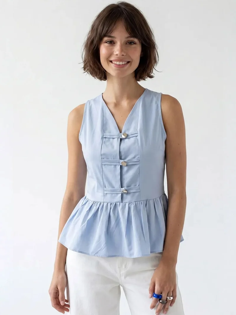 ميكسراي MIXRAY Sleeveless Poplin Peplum Blouse