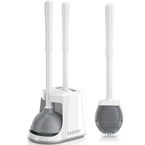 LOVLOY Unique Toilet Plunger and Brush, Silicone Brush and Heavy Duty Toilet Plunger Set with Ventilated Holder, 2-in-1 Toilet Brush and Plunger Combo for Bathroom Cleaning-New Pack (White) - Image 1