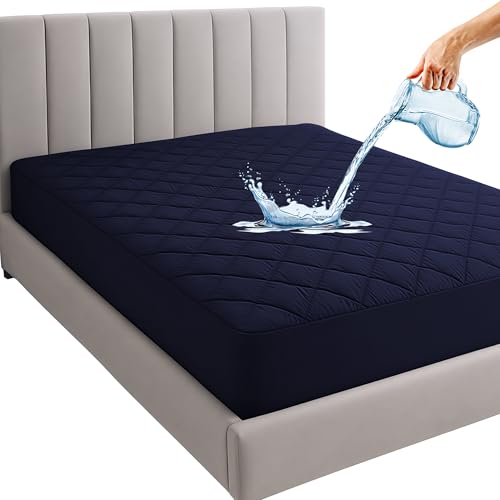 Mattress Protector King Size | Waterproof Premium Cotton Quilted Bed Protector | Thick Cushion Padding for Cloud-Like Sleep, Soft & Noiseless | Elastic Fitted upto 10" (6.5x6 Ft | 78x72 in) -Dark Blue - Image 1