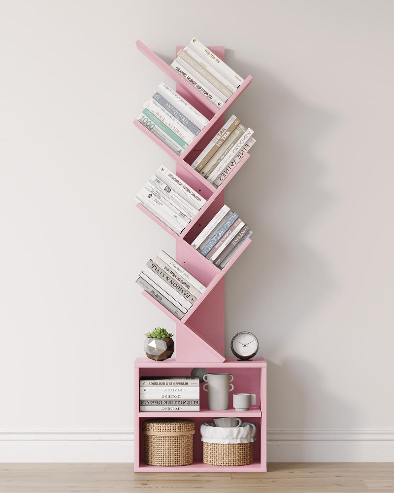 SUNMORY 6 Tier Tree Bookshelf, Small Bookcase with Storage Cabinet, Modern Tall Narrow Bookshelves Organizer, Floor Standing Book Shelf for Bedroom/Living Room/Home Office/Corner, Pink - Image 1