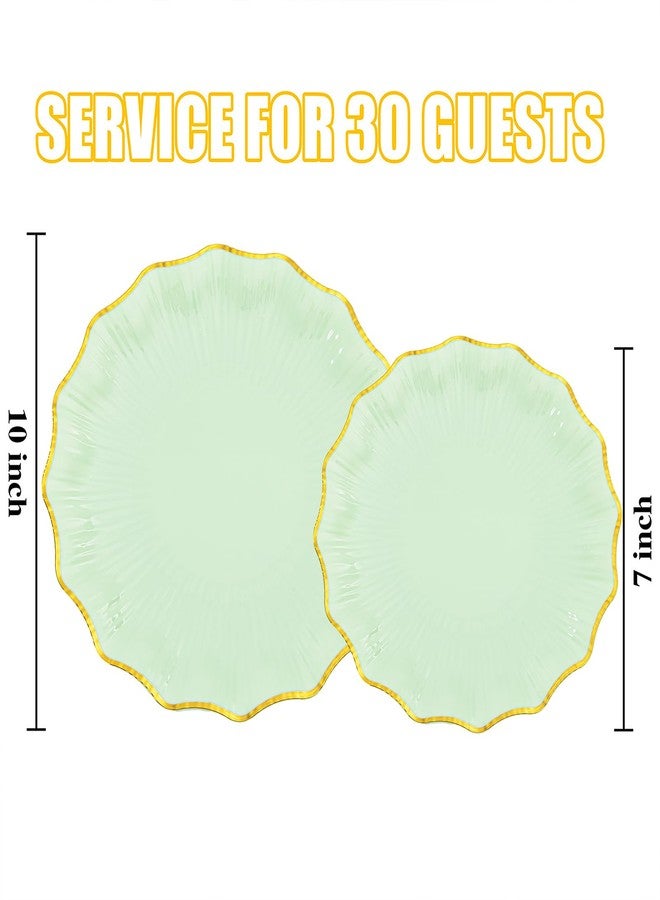 Rubtlamp 60Pcs Light Green Plastic Plates - Green Scalloped Plates with Gold Trim - 30 Gold Dinner & 30 Dessert Platos, Fancy Disposable Plates for Party, Wedding (30 Guests) - Image 2