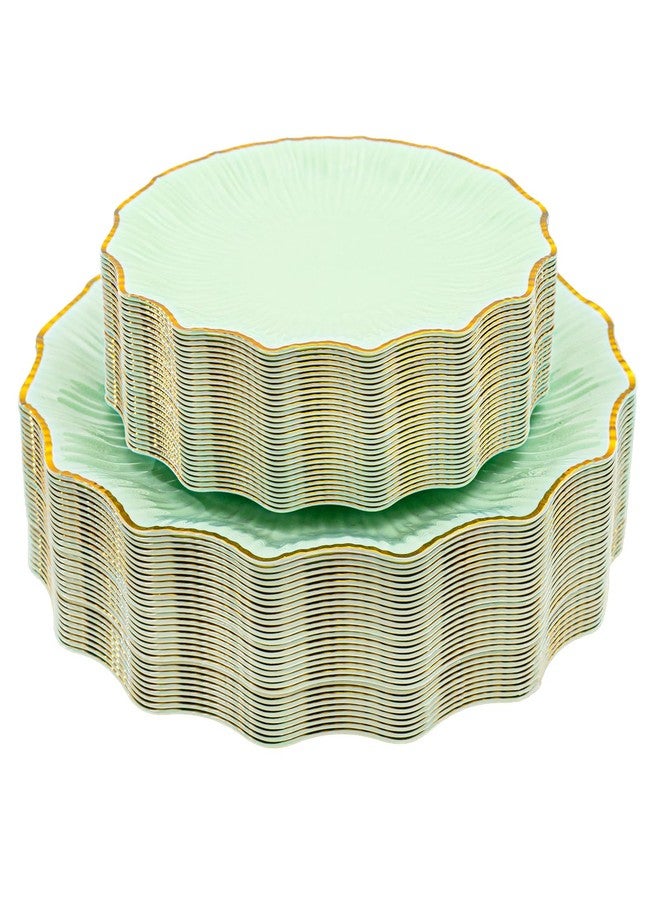 Rubtlamp 60Pcs Light Green Plastic Plates - Green Scalloped Plates with Gold Trim - 30 Gold Dinner & 30 Dessert Platos, Fancy Disposable Plates for Party, Wedding (30 Guests) - Image 1