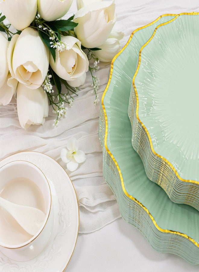 Rubtlamp 60Pcs Light Green Plastic Plates - Green Scalloped Plates with Gold Trim - 30 Gold Dinner & 30 Dessert Platos, Fancy Disposable Plates for Party, Wedding (30 Guests) - Image 3