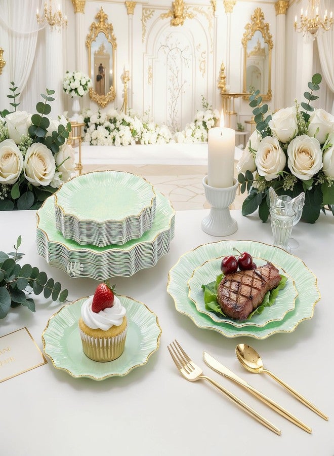 Rubtlamp 60Pcs Light Green Plastic Plates - Green Scalloped Plates with Gold Trim - 30 Gold Dinner & 30 Dessert Platos, Fancy Disposable Plates for Party, Wedding (30 Guests) - Image 5