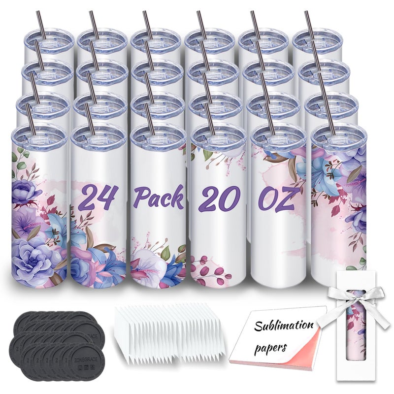 ZONEGRACE Sublimation Tumblers bulk 20 oz Skinny 24 Pack Stainless Steel Double Wall Insulated Straight Sublimation Tumbler Cups Blank White with Lid Individually BoxPolymer Coating for Heat Transfer 
