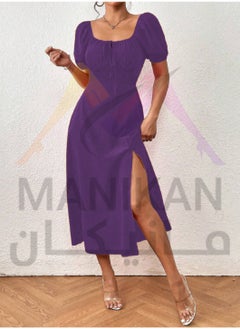 MANIKAN Women's Home Dress Elegant with Puff Sleeves Heart-Shaped Neckline and Side Slit - One Size  - Image 3