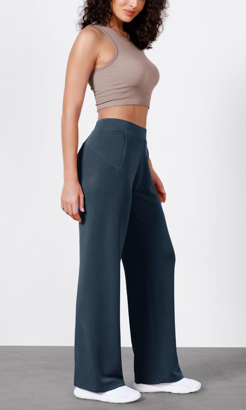 ODODOS Women's Modal Soft Wide Leg Pants Elastic High Waist Casual Lounge Relaxed Pants with Pockets - 31" Inseam, Navy, Large - Image 3