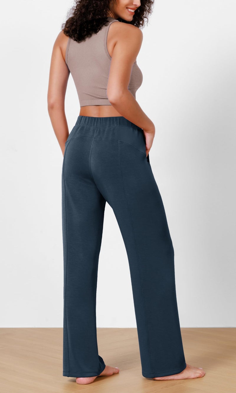 ODODOS Women's Modal Soft Wide Leg Pants Elastic High Waist Casual Lounge Relaxed Pants with Pockets - 31" Inseam, Navy, Large - Image 4