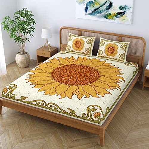 SheetKart Sunflower Mandala 100% Cotton Double Bedsheet Jaipuri Printed Bed Cover King Size with 2 Pillow Covers,Yellow,144 TC - Image 5