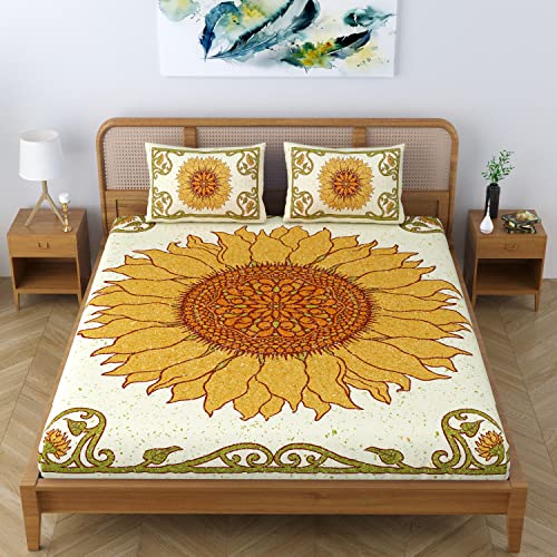 SheetKart Sunflower Mandala 100% Cotton Double Bedsheet Jaipuri Printed Bed Cover King Size with 2 Pillow Covers,Yellow,144 TC - Image 4
