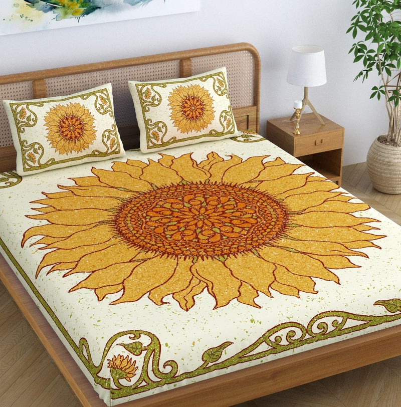 SheetKart Sunflower Mandala 100% Cotton Double Bedsheet Jaipuri Printed Bed Cover King Size with 2 Pillow Covers,Yellow,144 TC - Image 1