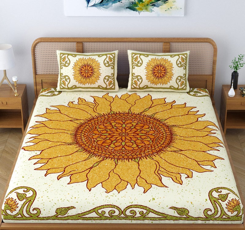 SheetKart Sunflower Mandala 100% Cotton Double Bedsheet Jaipuri Printed Bed Cover King Size with 2 Pillow Covers,Yellow,144 TC - Image 2