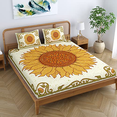 SheetKart Sunflower Mandala 100% Cotton Double Bedsheet Jaipuri Printed Bed Cover King Size with 2 Pillow Covers,Yellow,144 TC - Image 3