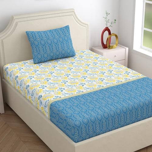 Home Ecstasy 100% Cotton Single Bedsheet with 1 Pillow Cover - (Size 59 x 87 inches, 140 TC, Colour - Blue: Crystal Wave) - Image 1
