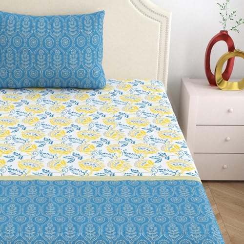 Home Ecstasy 100% Cotton Single Bedsheet with 1 Pillow Cover - (Size 59 x 87 inches, 140 TC, Colour - Blue: Crystal Wave) - Image 3