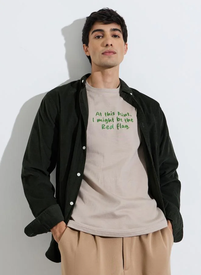 Styli Grey Slogan Print Crew Neck Oversized T-Shirt