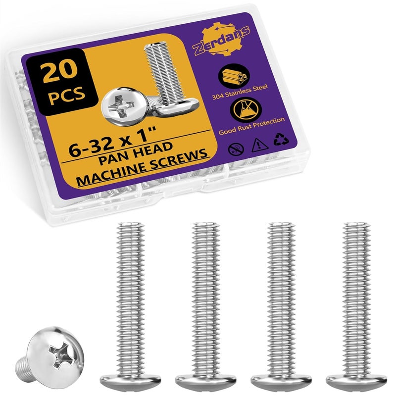 ZerDans 6-32 x 1 Machine Screws, 20 PCS Phillips Pan Head Electrical Outlet Machine Screws 304 Stainless Steel, Wall Plate Receptacles Mounting for Switch Plate, Cabinet Door and Drawer - Image 1
