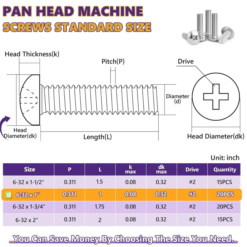 ZerDans 6-32 x 1 Machine Screws, 20 PCS Phillips Pan Head Electrical Outlet Machine Screws 304 Stainless Steel, Wall Plate Receptacles Mounting for Switch Plate, Cabinet Door and Drawer - Image 5