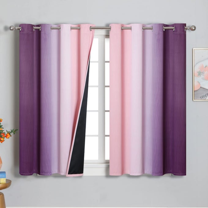 PINK AND PURPLE CURTAINS 45 INCH LENGTH 2 PANELS FULL LIGHT BLOCKING OMBRE BLACKOUT CURTAINS FOR KIDS ROOM THERMAL INSULATED NOISE REDUCING GRADIENT BLACKOUT CURTAINS FOR GIRLS BEDROOM 52X45 INCH