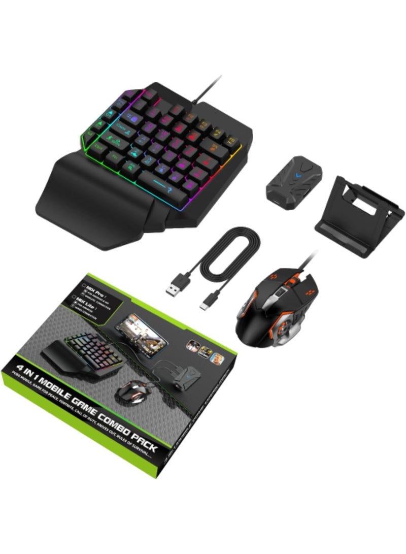 سانكس مجموعة ألعاب محمولة 4 في 1 مع لوحة مفاتيح RGB بيد واحدة، ماوس سلكي، محول وحامل هاتف لأجهزة الأندرويد - Image 1