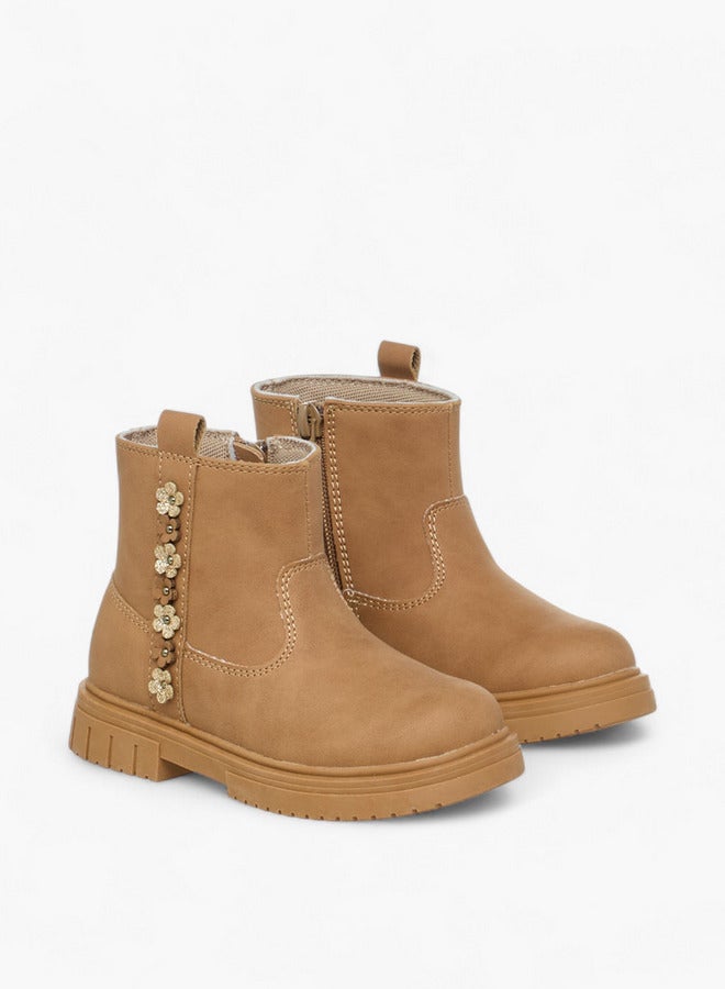 JUNIORS Floral Accent Ankle Boots with Zip Closure - Image 3