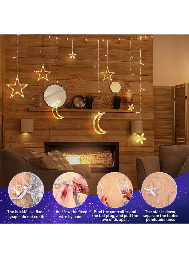 erorex Star And Moon String Lights Decorations For Bedroom Usb Powered 138 Inch Led Curtain Light With Remote Control Cable Clips Wedding Party Warm White 21 Pieces - Image 4