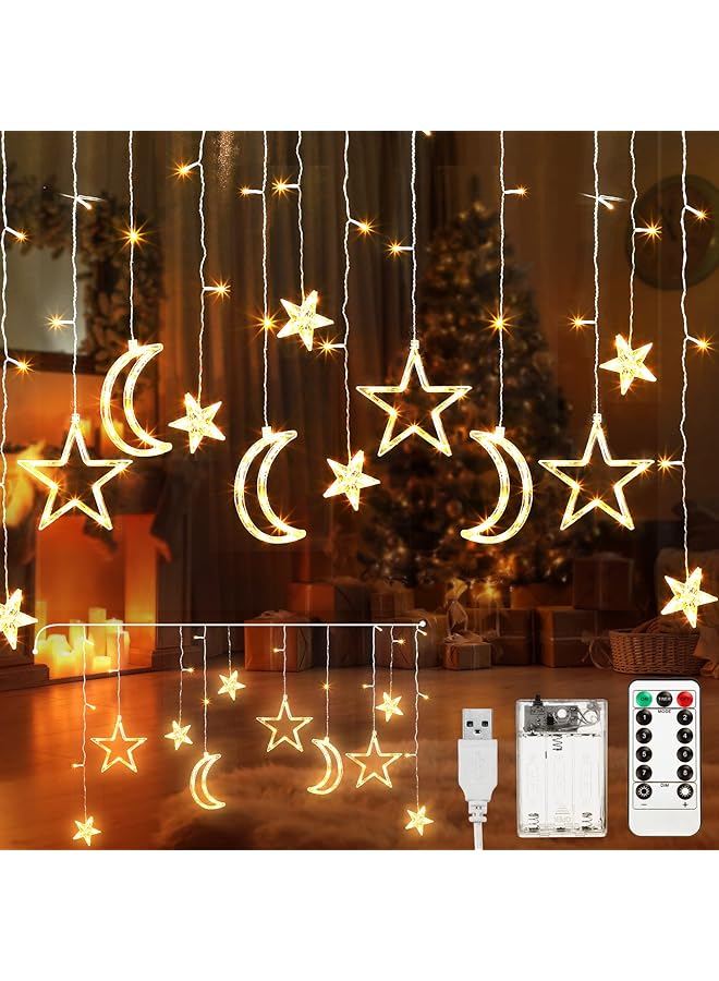 erorex Star And Moon String Lights Decorations For Bedroom Usb Powered 138 Inch Led Curtain Light With Remote Control Cable Clips Wedding Party Warm White 21 Pieces - Image 1