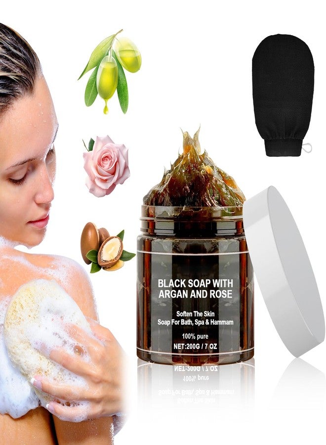 QiFind Morocco Black Soap with Argan and Rose, Morocco Black Beldi Bar Exfoliating Soaps, Moroccan Black Soap Hammam, Moroccos Body Scrub with Exfoliating Glove - Image 1