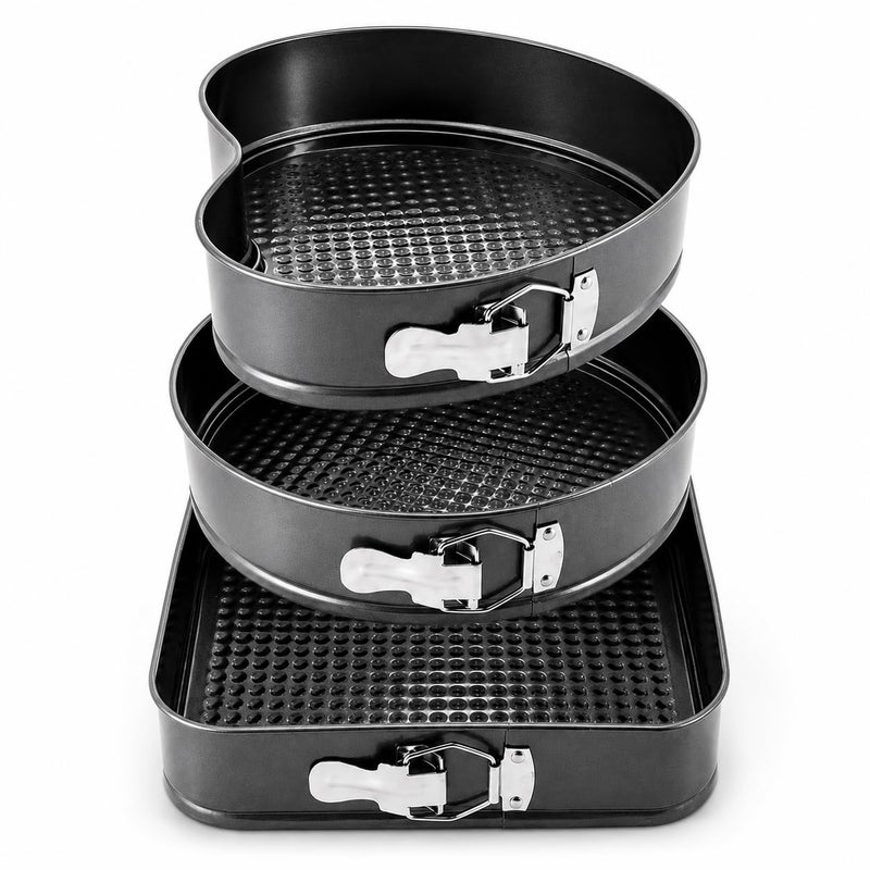 3-Piece Cheesecake Springform Pan Set with Removable Bottom – Round, Square & Heart Cake Baking Molds, Non-Stick Bakeware Set, Easy Release Lock Design, 24/26/28 cm - Image 1