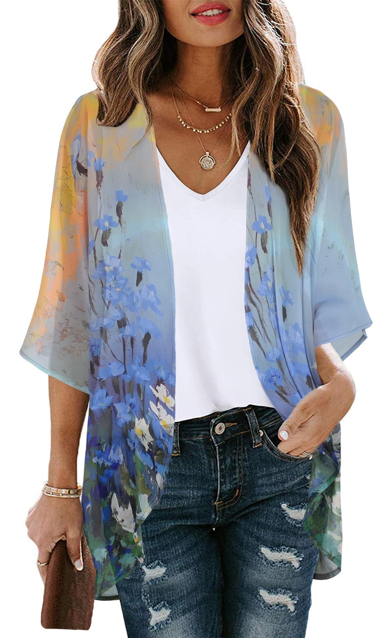 CHICGAL Womens Casual Tops Bathing Suit Cover Up Summer Kimono Cardigan Hawaiian Shirts (Sunset and Flowers, L) - Image 1