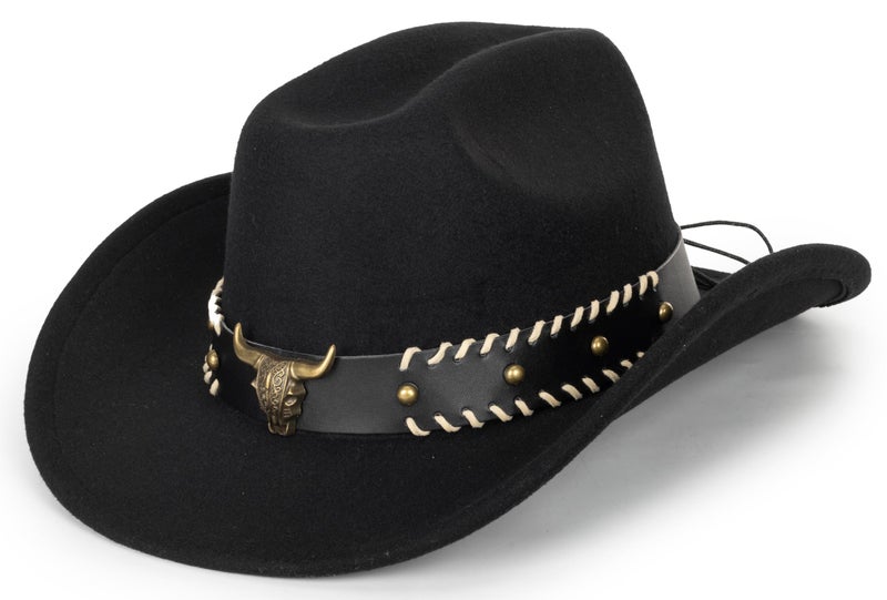 Eohak Womens Western Cowboy Hats Studded Pinched Western Cowgirl Hats Wide Brim Fedoras Hat with Belt Buckle (Size:Medium) - Image 1