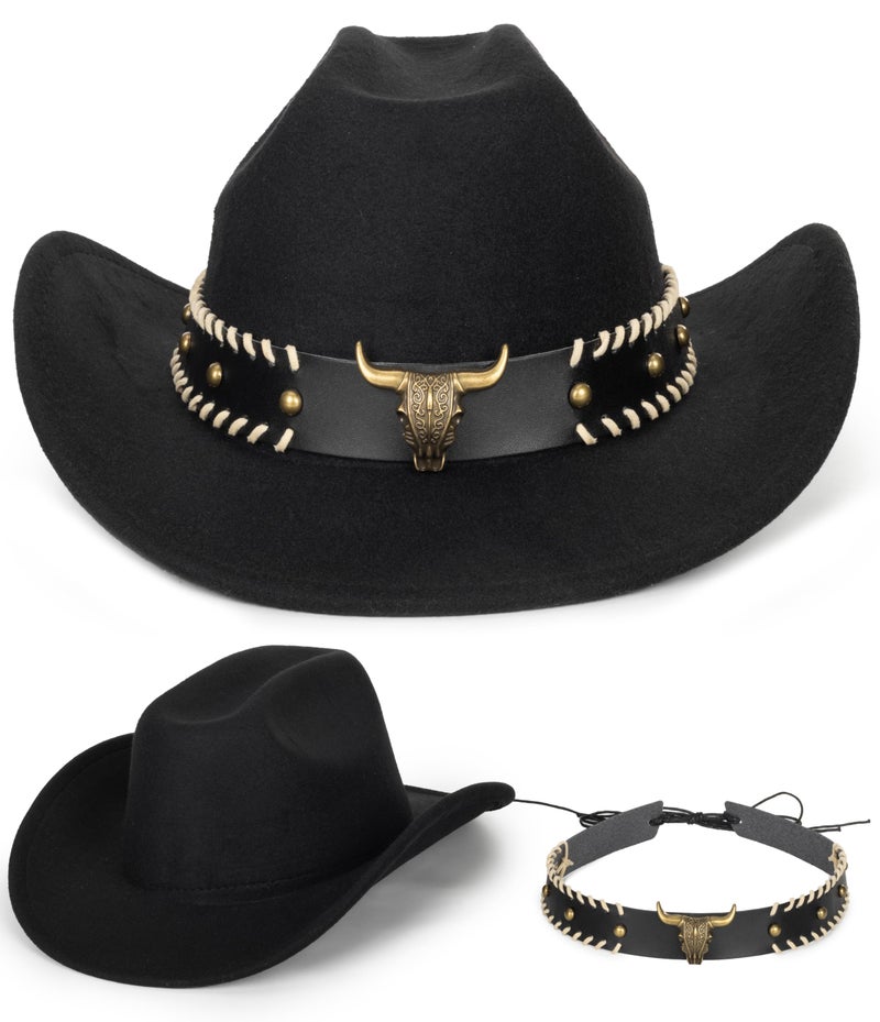 Eohak Womens Western Cowboy Hats Studded Pinched Western Cowgirl Hats Wide Brim Fedoras Hat with Belt Buckle (Size:Medium) - Image 5