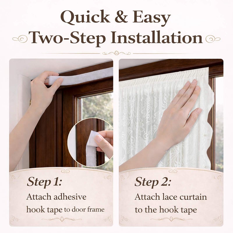 gonnrly French Door Curtains Set of 2, No Drill Adhesive for Door Window Light Filtering and Privacy, Easy Install with Lace Bows (26" W x 40" L - White) - Image 2