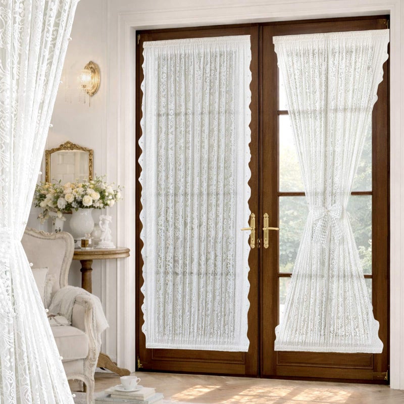 gonnrly French Door Curtains Set of 2, No Drill Adhesive for Door Window Light Filtering and Privacy, Easy Install with Lace Bows (26" W x 40" L - White) - Image 3