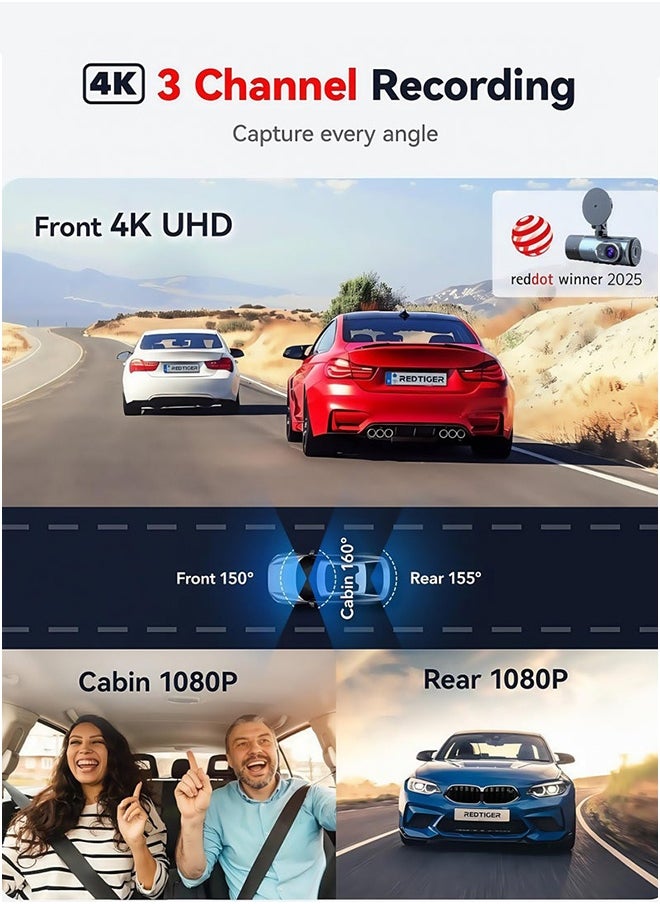 ديقيساند كاميرا Dash Cam 4K Dash Cam 3 قنوات Dvr GPS 5G GPS 5G Wifi كاميرا داخلية لمقصورة السيارة تتضمن فيديو 128G بطاقة 128G  - Image 2